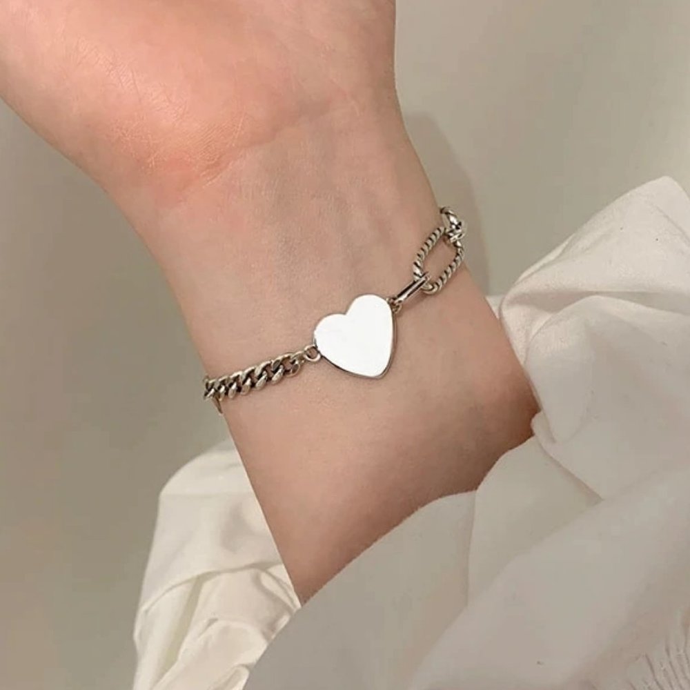 NEW 925 Sterling Silver Heart Link Chain Bracelet